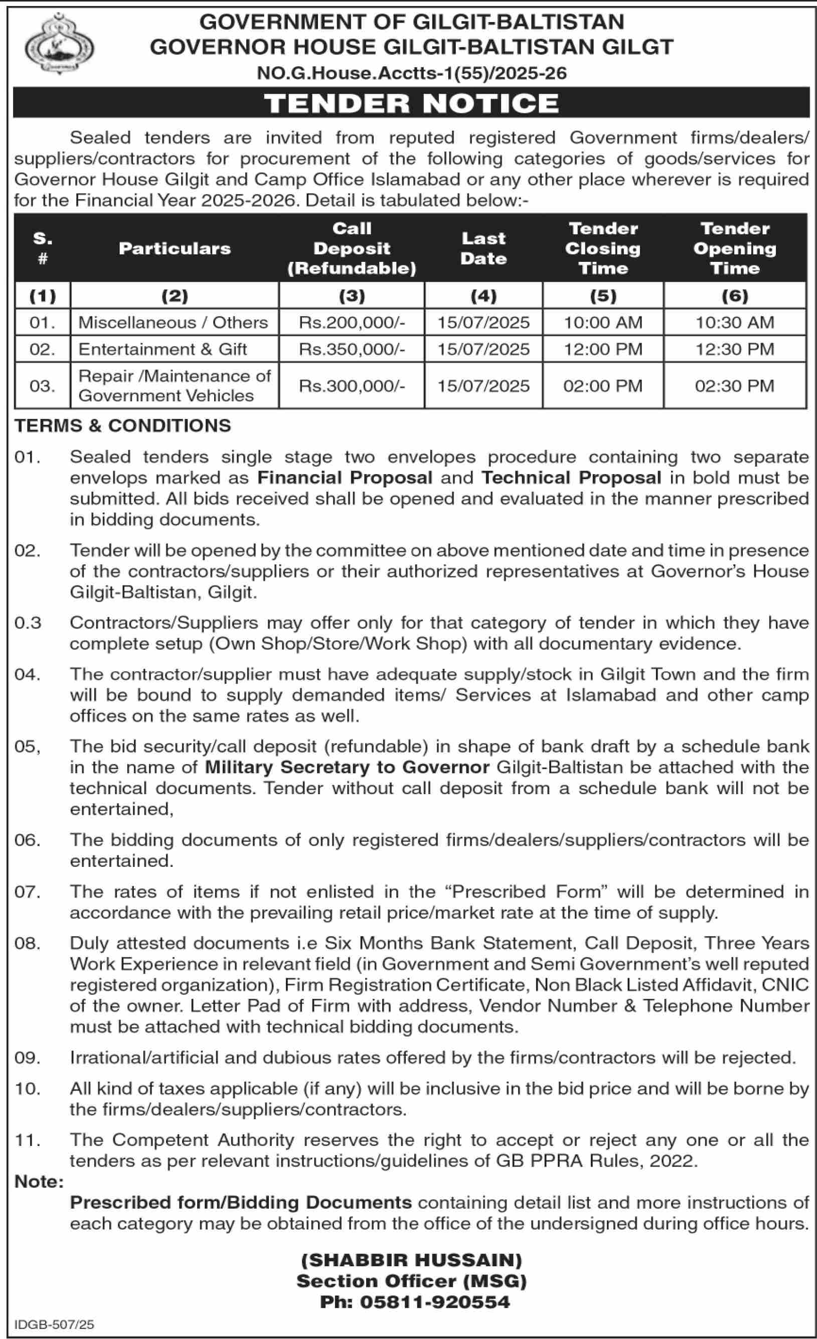 Governor House Gilgit Baltistan Tender Notice